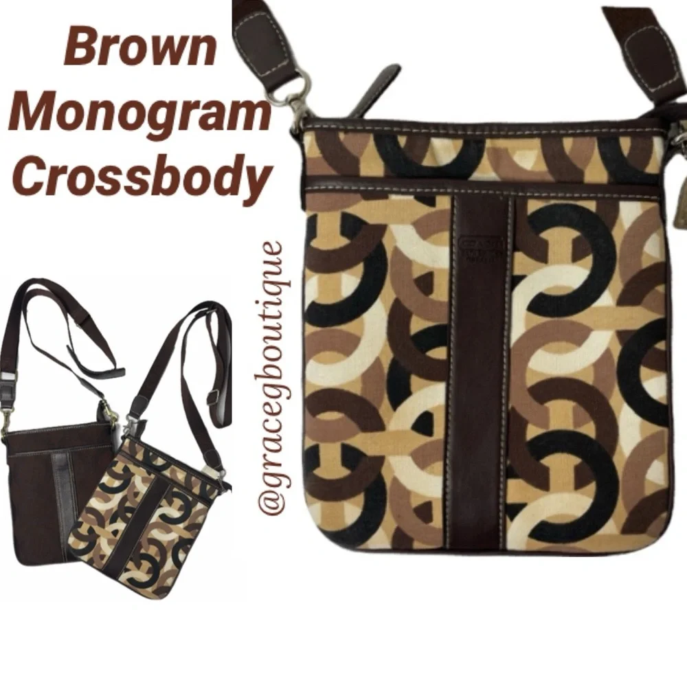 Coach Crossbody Purse Shoulder Bag Luxury Designer Monogram Tan Brown Multicolor